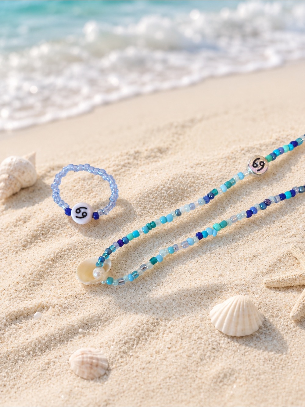 Cancer Zodiac Beach Beaded Ring & Necklace Set 29”